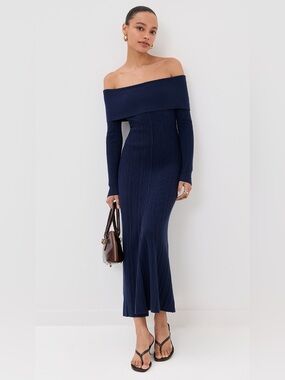 Le Bop Off The Shoulder Midi Dress Navy Blue Ribbed Long Sleeves NWT